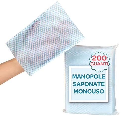 Sunny Day - 200x Manopole Saponate Monouso - Guanti Presaponati per Lavare Anziani - Pulizia, Lavaggio e Igiene per Allettati, Incontinenza, Post Operazione e Camping