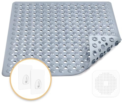 Duschmatte rutschfest,53x53cm,100% BPA frei,inkl 1 Abflusssieb Silikon,Antirutschmatte Dusche,maschinenwaschbar, schimmelresistent,hautsensitiv(Grau)