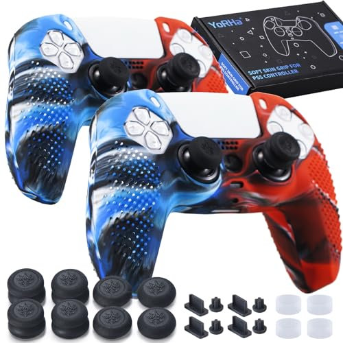 YoRHa Lot de 2 coques en silicone pour manette de PS5 (Camou rouge + bleu) avec 8 poignées pour les pouces, 8 bouchons et 4 protections anti-chocs