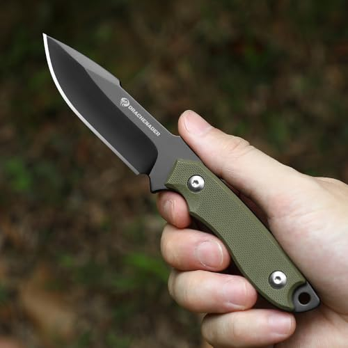 DRACHENADER Gürtelmesser EDC Messer 42a konform D2 Stahl kleines feststehendes Zweihandmesser mit Kydex Scheide, 18cm Gesamtlänge, 9cm Griff, 8cm Klinge, Full Tang, schwarze Klinge + grüner Griff