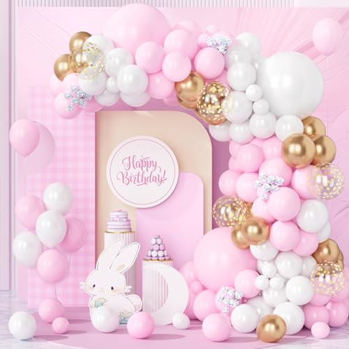 Teselife Ballon Rose, 123pcs Kit Arche Guirlande Ballon Rose Blanc Pastel Or Champagne Métallisé Confettis Or pour Femmes Filles Fêtes d'Anniversaire Baby Shower Baptême Mariage Bébé Douche Décoration