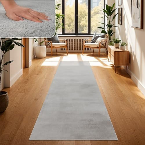 Paco Home Teppich Wohnzimmer Kunstfell weich waschbar modern elegant pflegeleicht Felloptik Uni Seidenglanz flauschig Hochflor, Grösse:80x300 cm, Farbe:Grau