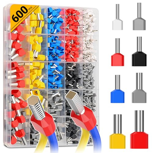 0.5-10mm² Twin Bootlace Ferrules, Preciva 600pcs Crimp Connectors, Dual Terminals,Double Wire Quick Connect, All Brass Core, High Insulation Protection