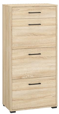 Lomadox Schuhschrank Flurschrank Garderobenschrank Schuhkommode Schubkasten 3 Klappen Eiche hell 60x125,2x33,7 cm