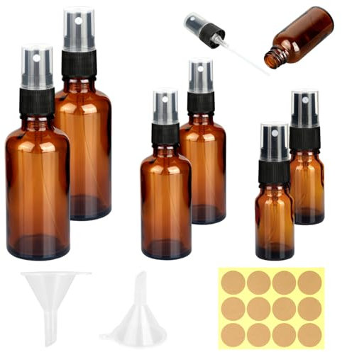 RVLZKCPG 6 Stück Braunglas Sprühflasche, 10ml/30ml/50ml Sprühflasche Klein Glas, Glas Sprühflaschen mit Trichter Und Aufkleber, Leere Sprühflaschen zum Befüllen für Parfüm, Ätherische Öle