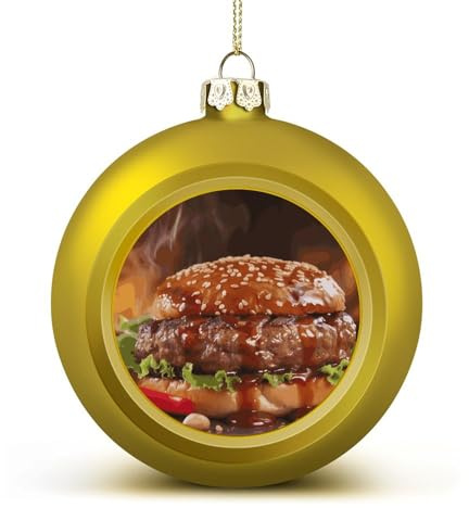 Hamburger Steak Fast Food Weihnachtskugel, Ornamente, 6,1 cm, bruchsicher, Weihnachtsbaumschmuck, Kugeln, goldener Stil, hängende Weihnachtsschmuck für Weihnachtsbaum, Feiertagsdekoration
