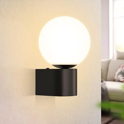 Kowanie Wandleuchte Vintage Wandlampe Badezimmer: innen Wandbeleuchtung Weiß Glaskugel Retro Schwarz Flurlampe Wand rund Wandstrahler G9 Max. 40W für Schlafzimmer Wohnzimmer (Ohne Leuchtmittel)