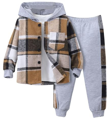 YueYue Anzug Kinder Jogginganzug 2-teilig Baumwolle Plaid Drucken Trainingsanzug Sportanzug Sweatshirt Jungen Mädchen Tracksuit Unisex Jogging Anzug Set Kapuzenpullover und Sweathose(Grey, 4-5 Years)