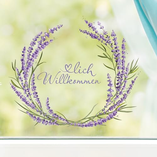 Wandtattoo Loft Fensterbilder Frühling Lavendelkranz Herzlich Willkommen – A4 Bogen, Wiederverwendbar – Frühlingsdeko Fenster, Frühlingsbild Fenster, Fensterdeko Frühling, Fensterfolie Frühling
