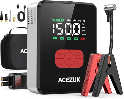 ACEZUK Avviatore Batteria Auto 7000A &150PSI, Avviatore Emergenza per Auto/Moto con Compressore 12V(Tutti Gas o 12L Diesel)600LUMEN LED/3.4LCD