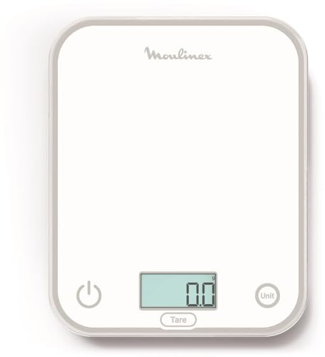 Moulinex Optiss, Bilancia Da Cucina Digitale, Display Retroilluminato di Facile Lettura, Antigraffio, Capacità di 5 Kg, Bianco, BN50U0V0