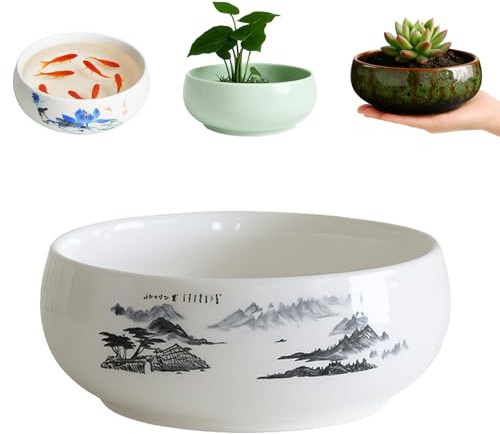 JWShang Lotus Bowl Planter for Planting in Water Indoors, Round Ceramic Lotus Flower Pot, Outdooor Garden Decorative Leak-Proof Bonsai Bowl for Lotus Seeds, Water Lily, Succulents (Black)