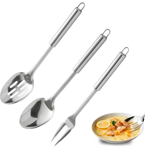 3 Piece Slotted Spoon, Stainless Steel Kitchen Utensils Set, Large Serving Spoons for Cooking, Stirring, Draining, Durable Metal Spoons for Home and Restaurant Use