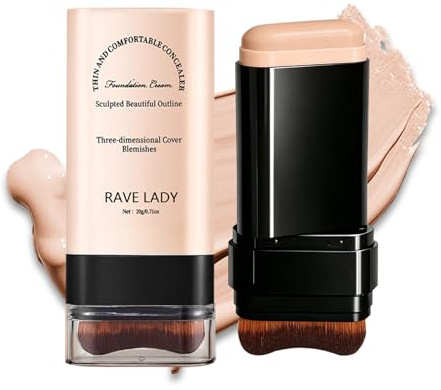 RAVE LADY 2-in-1 Foundation Stick mit Pinsel, Hohe Deckkraft 02# | Foundation und Concealer Stick fuer Unreinheiten, Kontur und Make-up, wasserfest und verblendbar