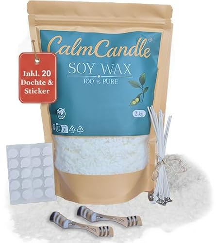 CalmCandle® 2 kg Premium Sojawachs inkl. 20 Dochte, 20 Klebesticker & 2 Dochthalter – 100% pflanzlich & weiß | 1kg Kerzenwachs zum Kerzen selber Machen | DIY Wachs zum Kerzen Gießen