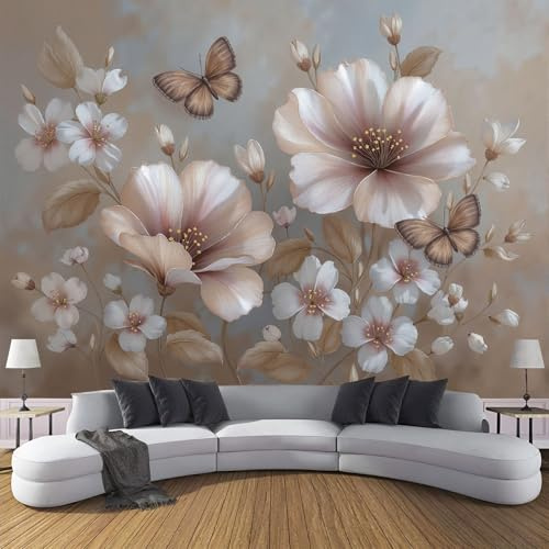 Tapete 3D Fototapete Einfache Blumen Wandtapete Wandbilder Blumen und Schmetterlinge Foto Tapeten Wanddekoration Für Wohnzimmer Schlafzimme Tapete Motivtapeten