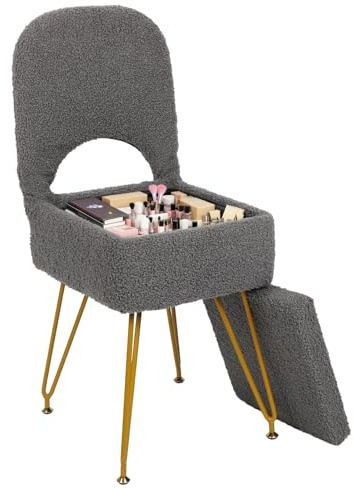 ABQ Vanity Chair with Storage, Faux Fur Vanity Stool for Makeup, Gray