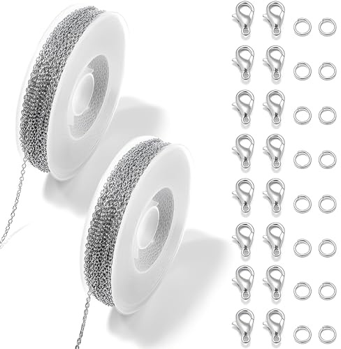 6m Catenine per Collane, Catenina Argento, Catena Acciaio Inox per Bigiotteria, Argento Filo per Collane, Con 20 Chiusure a Moschettone e 100 Anelli di Giunzione, Realizzare Bracciali, Collane (2×3MM)