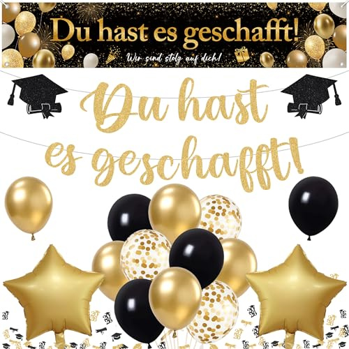 Abschluss Deko 2026 Schwarz Gold - Graduation Dekoration Luftballons Du hast es geschafft Banner, Bachelor Konfetti und Hintergrund für Prüfung Bestanden Abschlussfeier