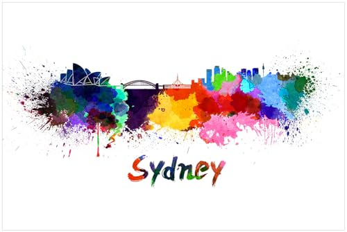 Wallario Küchenrückwand selbstklebend 90 x 60 cm, Motiv: Städte als Aquarell - Skyline von Sydney | Spritzschutz abwischbar & pflegeleicht