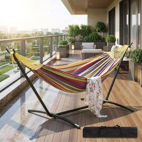 GarveeTech Doppel, H?ngematte mit stabilem Stahlgestell, Tragbar, Terrasse | platzsparend, bis 500 lbs belastbar, Für Garten, amping, Outdoor, Komfortables Polyester, Baumwoll, Material, Inkl.