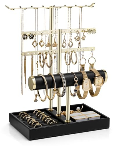 VLANDO Schmuckständer 4 Etagen, PU leder, Schmuckaufbewahrung, Zimmer Deko | Schmuck Organizer display für Halsketten, Uhren, Ringe, Ohrringe, Armbänder, Armreifen, Sonnenbrillen,Schwarz
