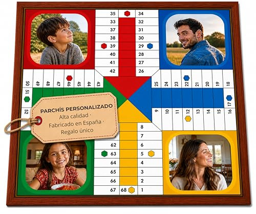 Parchís Personalizado con Fotos | Tablero de Madera de 4 a 6 Jugadores | Incluye fichas y dados | Impresión Nítida y Fácil de personalizar 40x40 | Regalo para toda la familia Navidad y cumpleaños