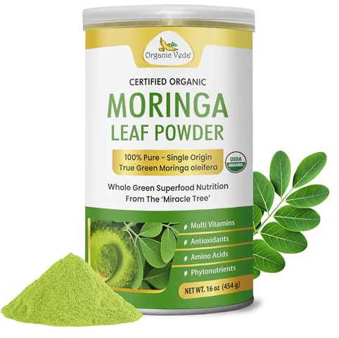 Organic Veda Moringa Powder - USDA Certified Organic Moringa Powder Superfood - Premium Harvest Single Origin True Green Moringa Oleifera, Vitamins, Antioxidants Nutrients Dense Leaf Powder - 16 oz