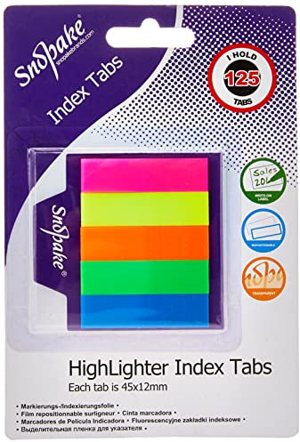 Snopake Index Tab Highlighters Transparent 45 x 12 mm - 125 Tabs - Neon Assorted [Pack of 1] Ref: 13154