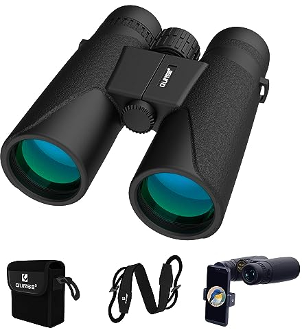 QUNSE Binocolo 12x42 con Supporto per Smartphone, Birdwatching, Escursionismo, Sport All'aria Aperta, Mondo Degli Animali (Nero, 12, x, Millimetri, 42)