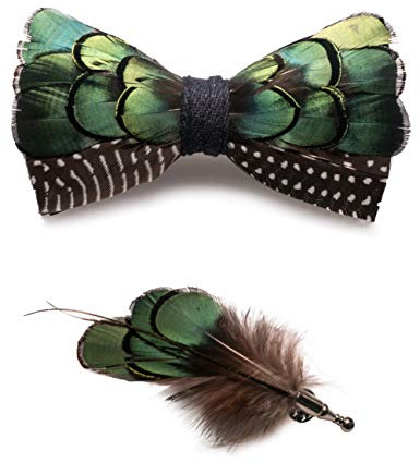 JEMYGINS Noeud Papillon Homme Vert 2 en Plume en Plumes Fait Main et Broche Ensemble Compris boîte