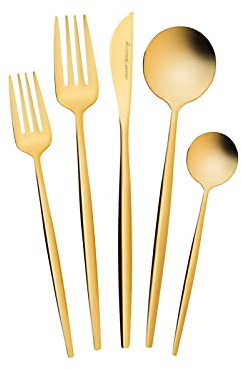 Karaca Orion Shiny Gold 30 Teiliges Besteckset Messer, Gabeln, Löffel, Kuchengabeln, Edelstahl, Essbesteck Tafelbesteck Set Gesund und Hygienisch, Modernes Design