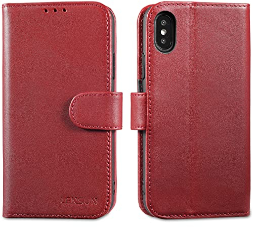 LENSUN Echtleder Hülle für iPhone XS, iPhone X Handyhülle [Echtes Leder][Standfunktion][RFID Schutz] Handytasche Lederhülle Kompatibel mit iPhone X/XS - Weinrot