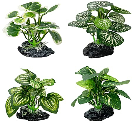 Smoothedo-Pets Aquarium-Dekoration, Ornamente, Betta-Blatt-Pad, Hängematte, 10,2 cm, kleine Größe, Seide, künstliche Pflanze, Goldfischschale/Reptilien, A-4-teiliges Set, Grün
