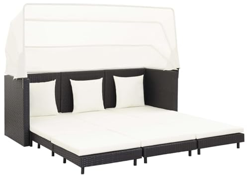 JUNZAI Ausziehbares 3-Sitzer-Schlafsofa mit Dach, Gartenmöbel, Balkon Möbel, Balkon Lounge, Gartenlounge, Gartensofa, Loungemöbel, Sitzecke Balkon, Poly Rattan Schwarz