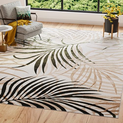 TAPISO Golden Tapis Salon Poils Courts Brillant Moderne Vert Crème Beige Moucheté Feuille de Palmier Tapis Chambre Adulte Salle à Manger Oeko-TEX Résistant 200 x 300 cm
