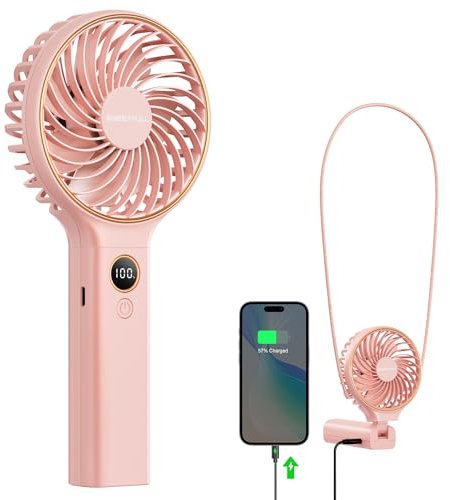 SWEETFULL Handheld Fan, Portable Mini Small Personal Fan with Backup Power, 6 Speeds 5000mAh Desk USB Hand Held Fan Rechargeable Battery Fans with LED Display for Women Girl Travel Office (Pink)