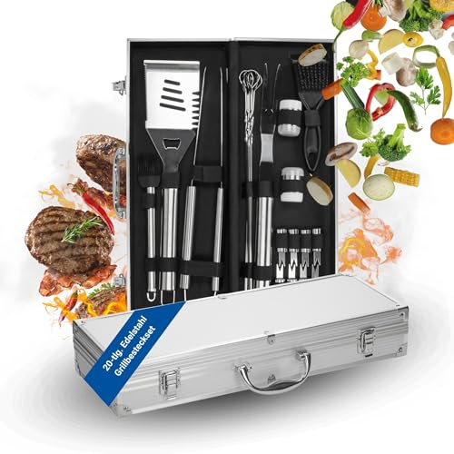 Grillbesteck Set 'Deluxe' - 20-TLG. Grillzubehör aus Edelstahl inkl. Koffer - Grill Zubehör für Männer - Grill Gadgets als Vatertagsgeschenk für Vater, Mann, Freund & Opa, Farbe:Silber