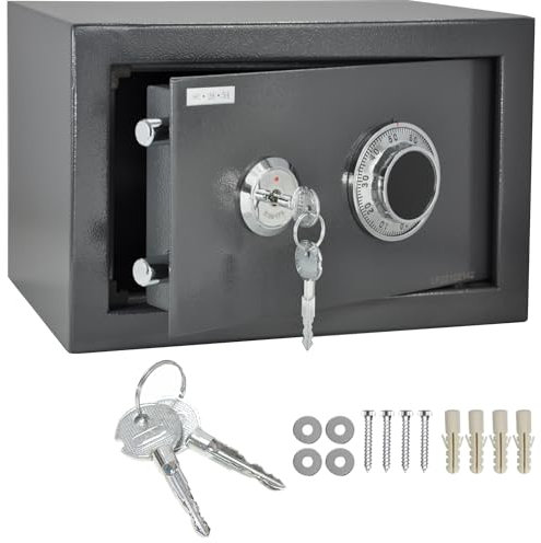 ALSTEN TECH Tresor Möbeltresor Safe Mechanisches Kombinationsschloss + Doppelbartschloss Schranksafe Geldschrank Grauer Wandtresor 30x20x20 cm 8 KG