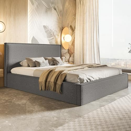 MOTIVENA Boho Polsterbett 140x200 mit Bettkasten, mit Stauraum, Bett Kopfteil Boucle, ohne Matratze, Bett Boucle, Grau Anthrazit