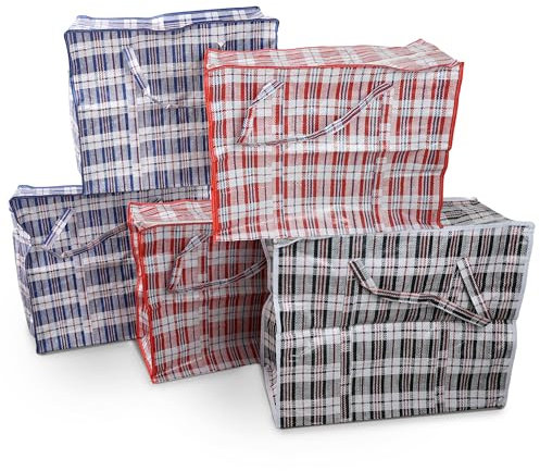 DIVCHI 5 Pack Laundry Bags With Strong Handle & Dual Zip Checkered Reusable Multipurpose Boxes | Shopping Totes | Storage Bag | Moving Bags | Clothes Box (Extra Large, 100 x 70cm)