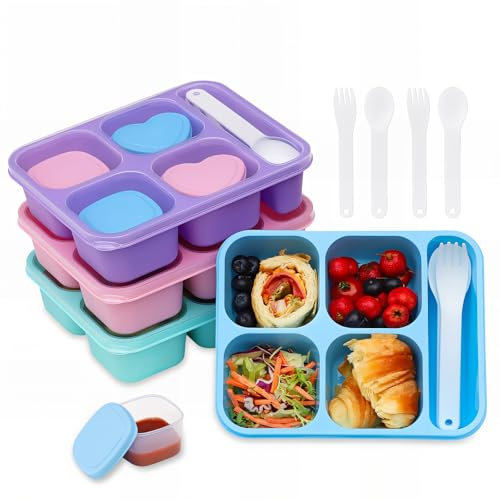 Bugucat 4 Pack Snack Containers, 4 Compartments Bento Snack Box with 1 Utensil Compartment, Reusable Meal Prep Boxes for Kids Adults, Divided Food Storage Containers for School Work Travel