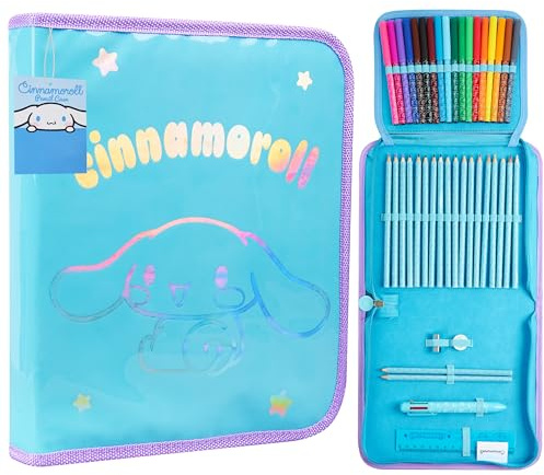 Hello Kitty Federmäppchen Mädchen Federtasche Gefüllt mit Schulsachen Buntstifte Filzstifte und Vieles Mehr Cinnamoroll Kuromi Sanrio Geschenk Idee (Blau Cinnamoroll)