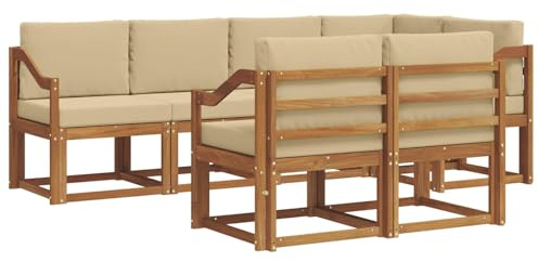 vidaXL Outdoor-Sofagarnitur mit Kissen 7 pcs Natur und Beige, Garten Lounge Set, modernes Outdoor-Sofa, Bequeme Gartenmöbel, massives Holz-Sofa, vielseitige Garten-Couch