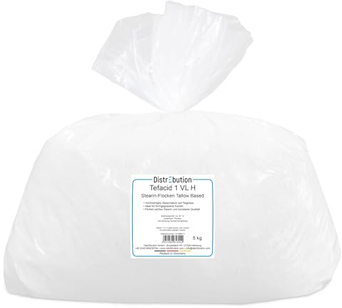 DistrEbution Tefacid 1 VL H Stearin Flocken - 5kg Kerzenstearin auf Talgbasis (Tallow Based) für Gießkerzen & Kerzenherstellung