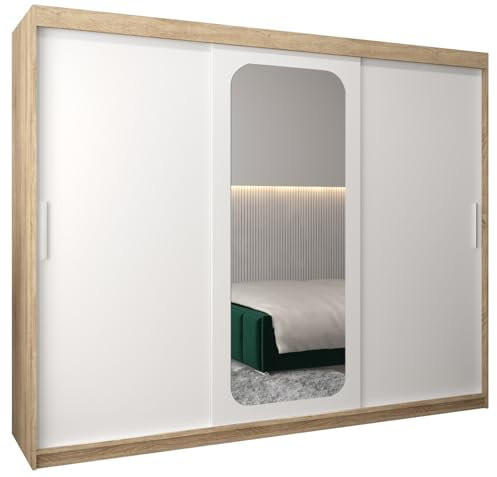 ABIKSMEBLE Promo 2 250 Armario de Dormitorios con Tres Puertas Correderas - Armario de Almacenamiento Moderno con Espejo, Perchero y Estantes - 250x200x62 cm - Sonoma + Blanco Mate
