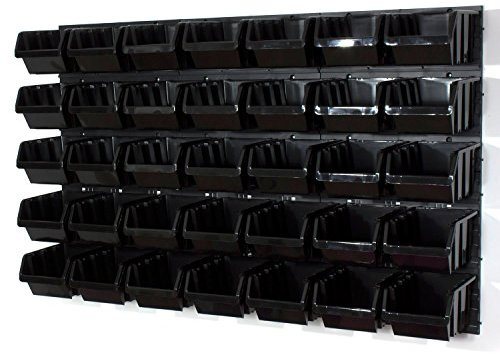 Set of 35 L size IN-Box storage bins and wall mounted louvre