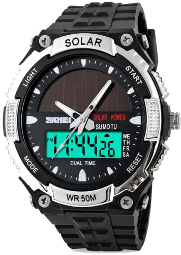 MASTOP Solar Energy Watch led Luminous Indication 2 Time Zone 50m Waterproof Watch(Silver)