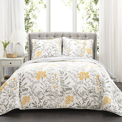 Lush Decor Wende-Bettwäsche-Set für Queen-Size-Bett, Gelb und Grau, 3-teilig, florales Blatt-Design