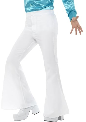 Smiffys Men’s White Flared Trousers, 1960s Fancy Dress Costume, Retro Disco Pants for Adults